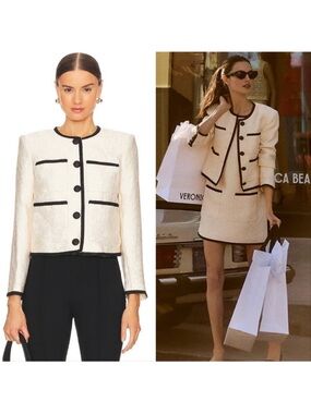 NEW Veronica Beard Darla Jacquard Blazer Jacket Ecru Contrast Piping Size 14